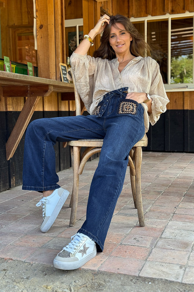 Dark Denim Crochet Square Vintage Jeans