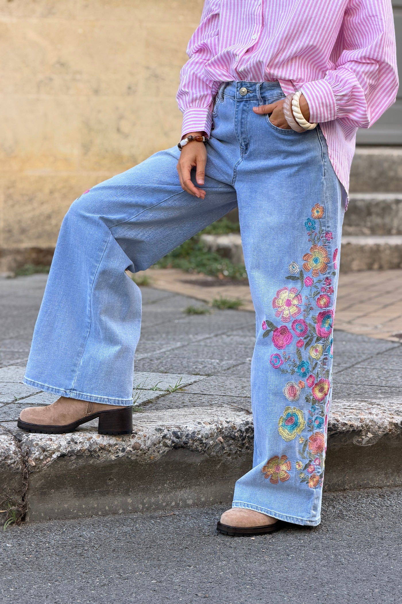Light Blue Jean Embroidered Floral Wide-Leg Jeans
