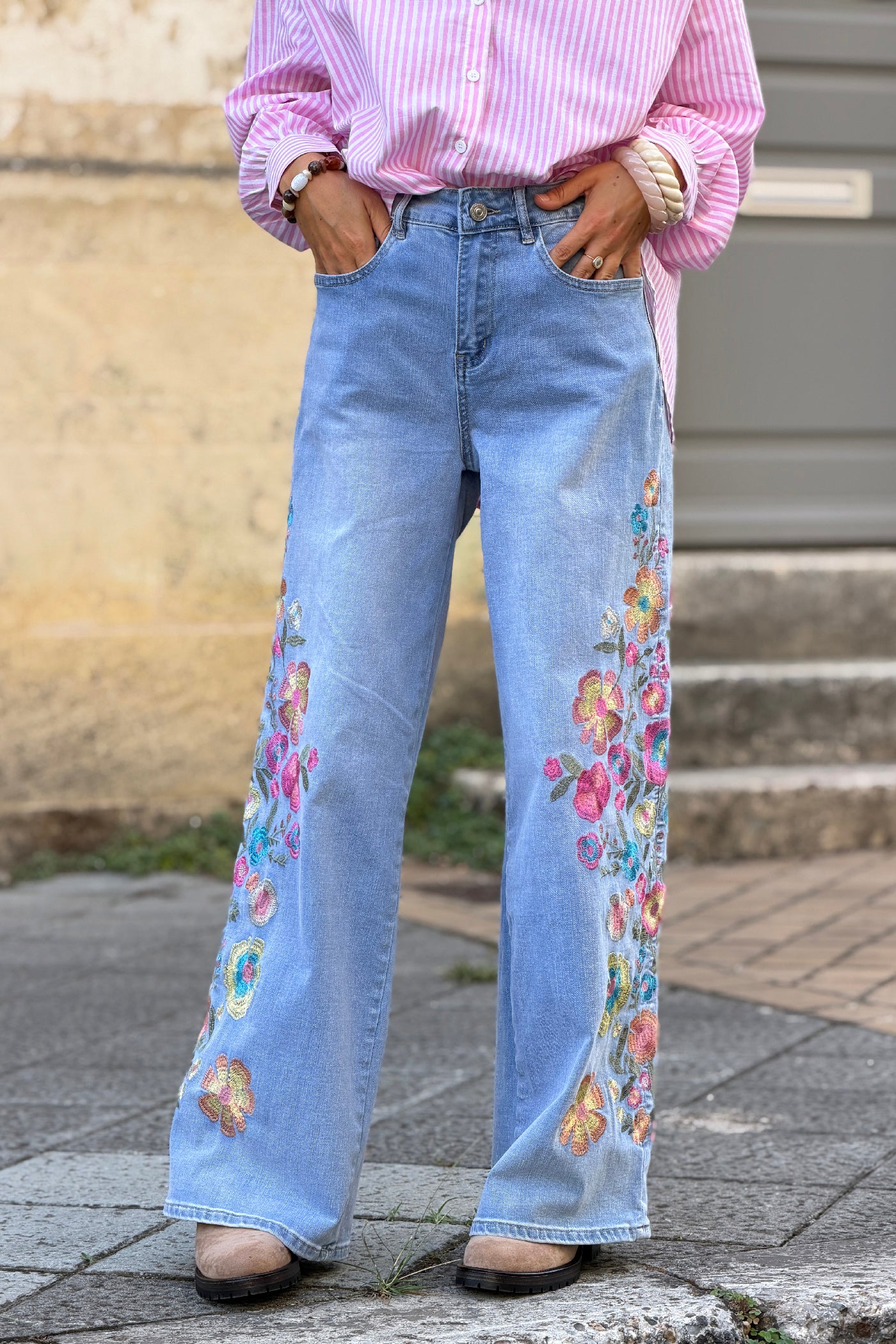Light Blue Jean Embroidered Floral Wide-Leg Jeans
