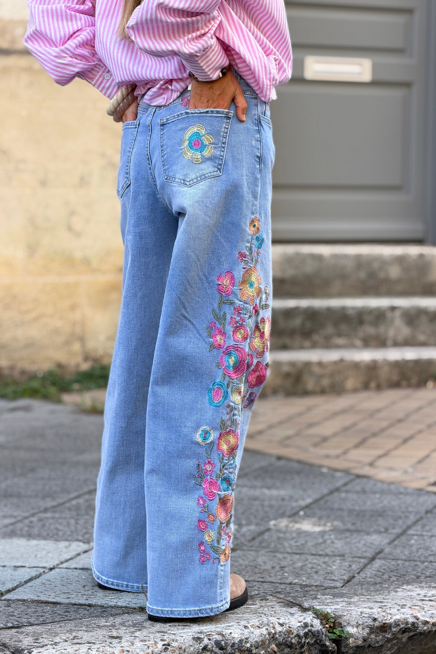 Light Blue Jean Embroidered Floral Wide-Leg Jeans
