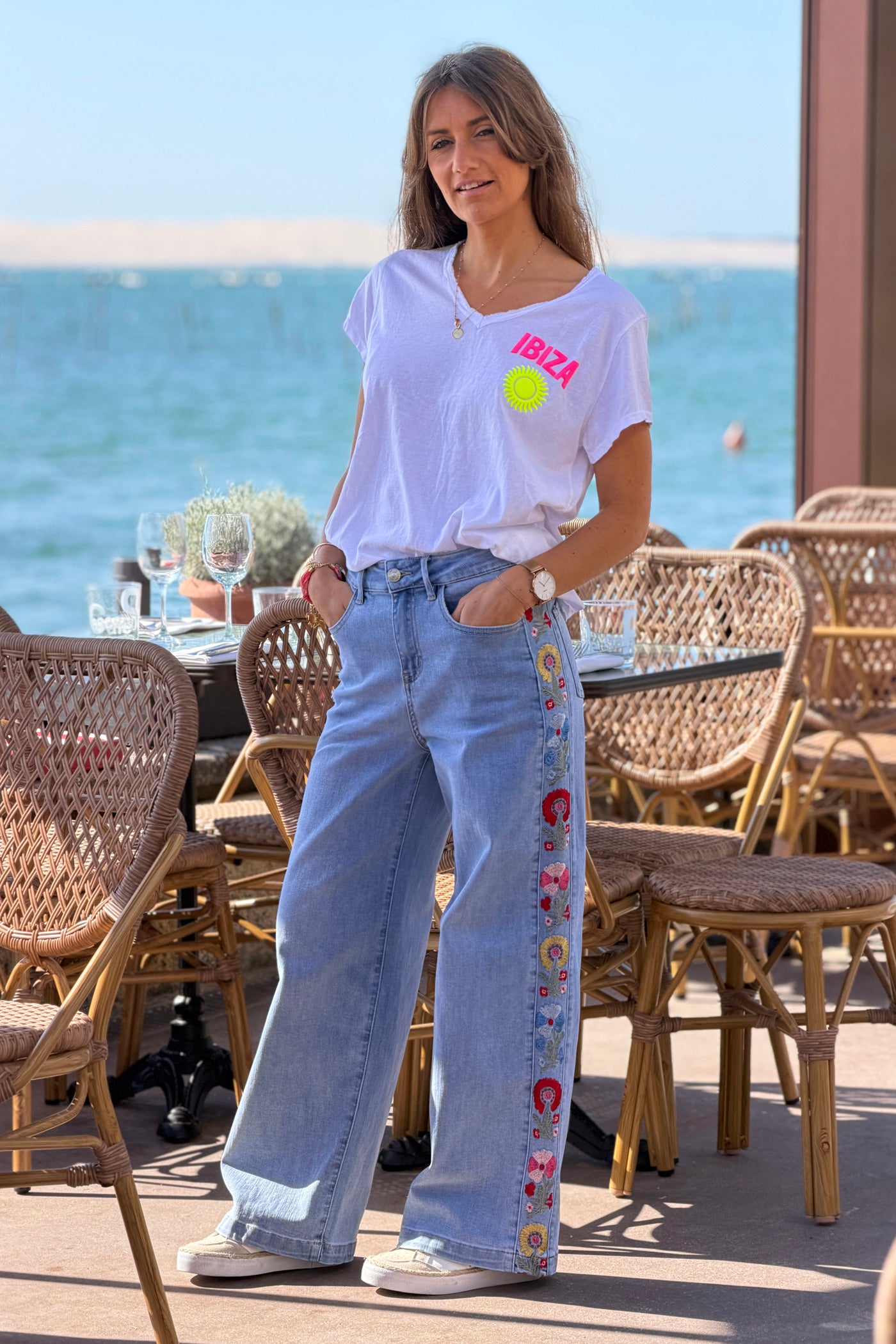 Light Chambray Embroidered Floral Straight-Leg Jeans