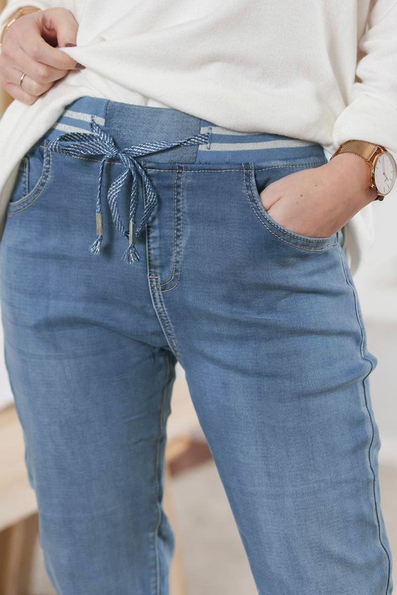 Jean délavé stretch confort à ceinture élastique rayée brillante