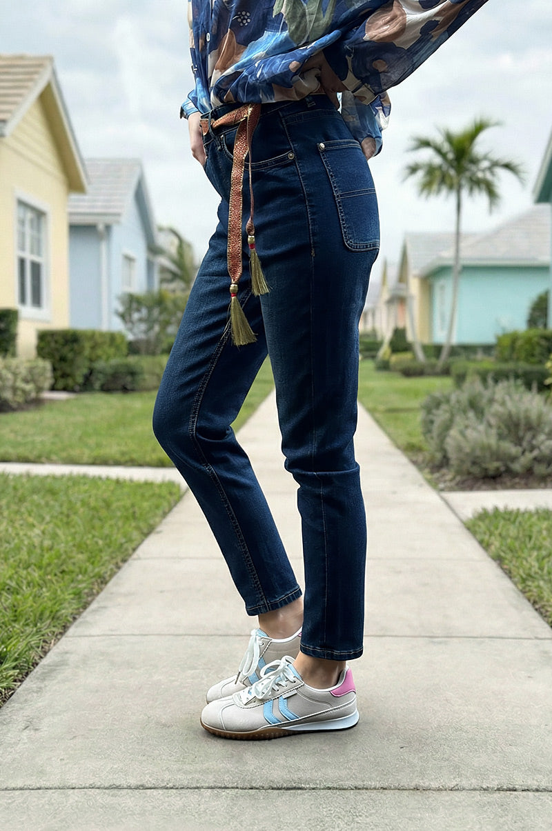Jean fonce délavé taille haute coupe skinny ceinture brillante dorée