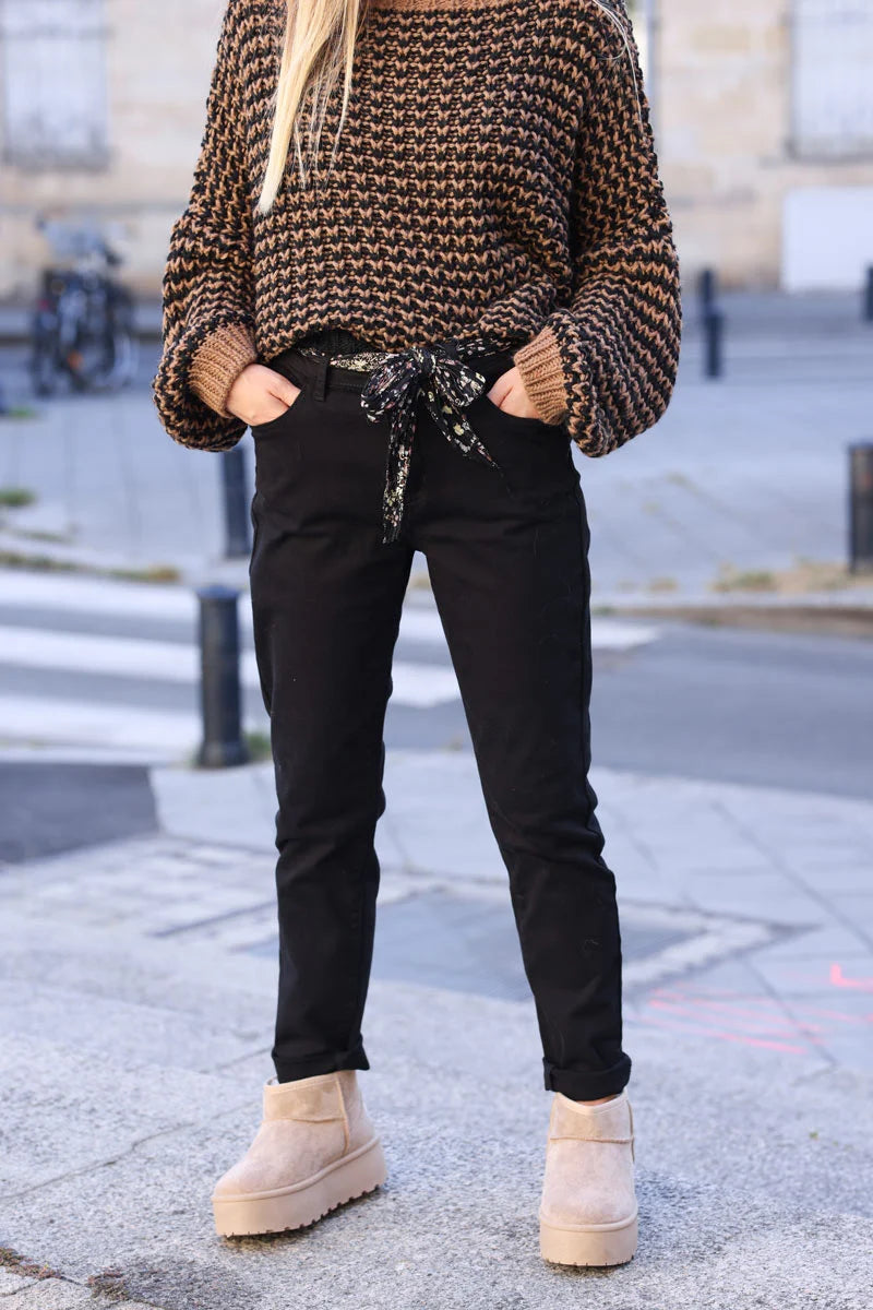 Black straight cut jeans with scarf belt