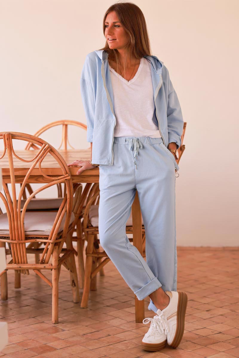 Jogging bleu ciel confort taille élastique liseré ruban satiné