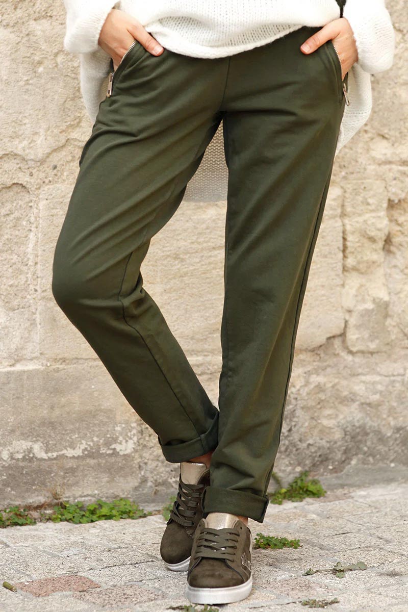 Jogging kaki foncé, ceinture élastique, poches zip
