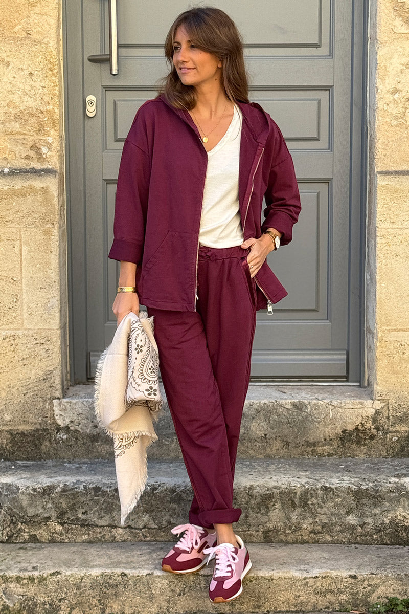 Jogging aubergine confort taille élastique liseré ruban satiné
