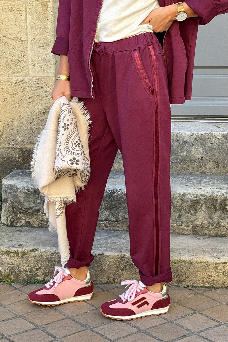 Jogging aubergine confort taille élastique liseré ruban satiné