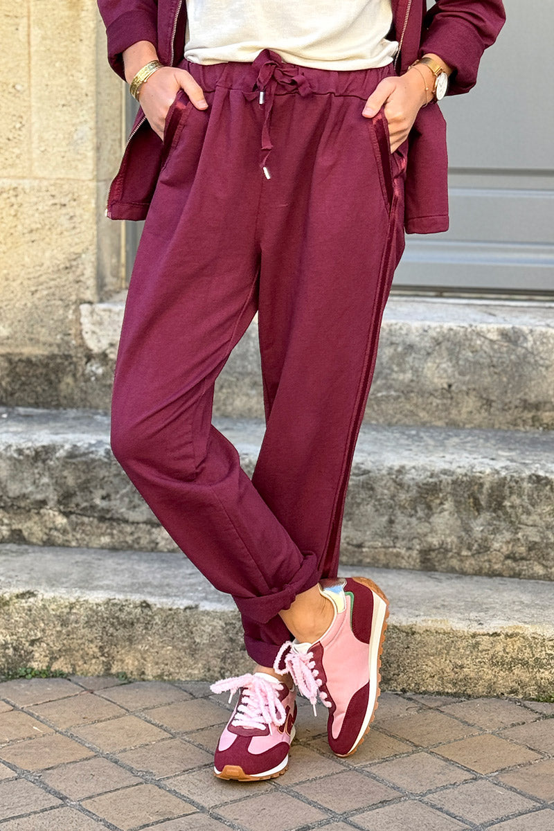 Jogging aubergine confort taille élastique liseré ruban satiné