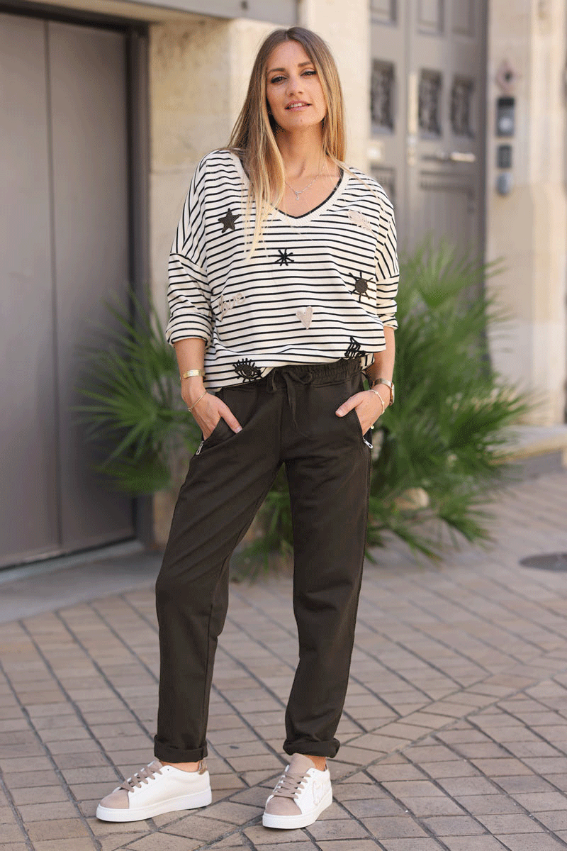 Brown chocolate Zip-Pocket Chevron Trim Casual Cotton Joggers