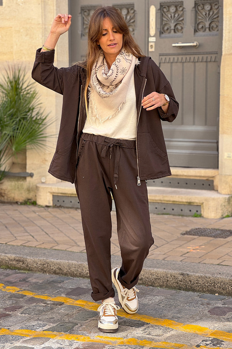 Jogging marron confort taille élastique liseré ruban satiné
