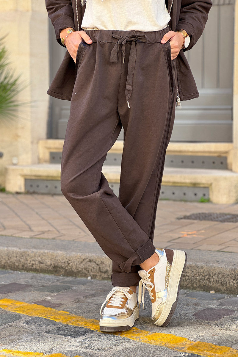 Jogging marron confort taille élastique liseré ruban satiné