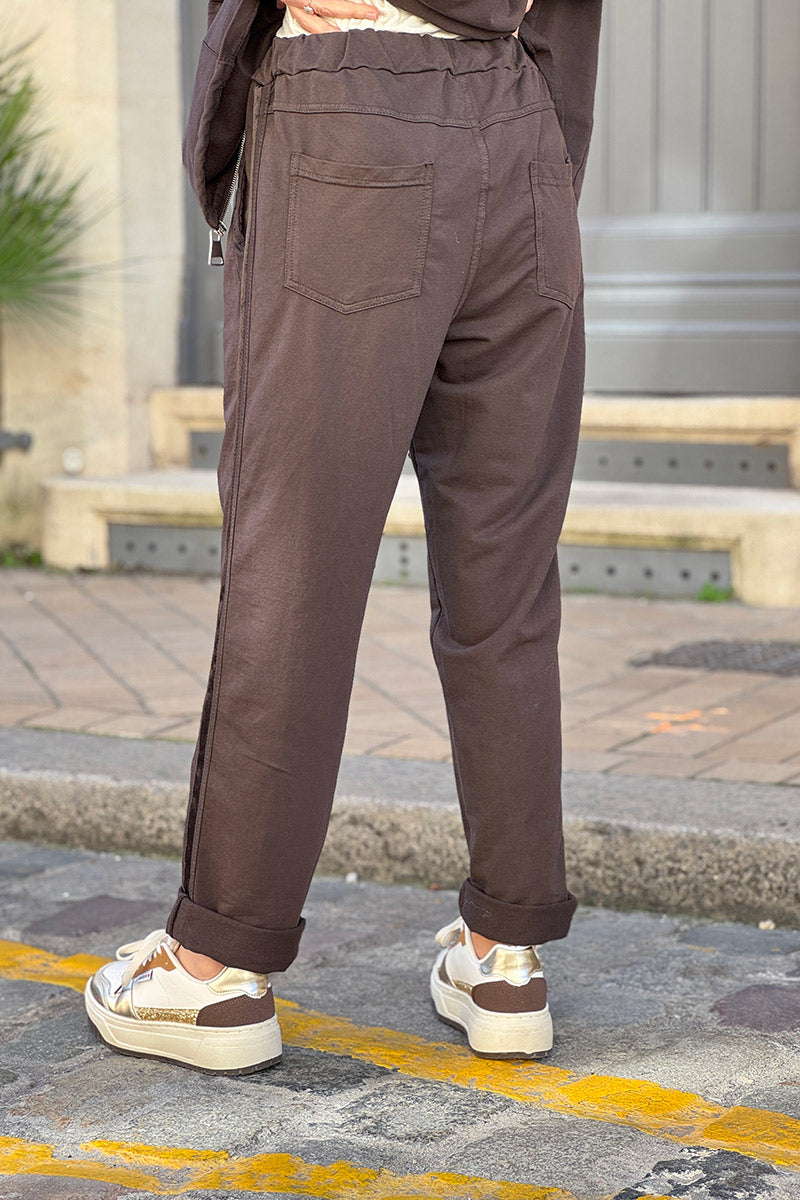 Jogging marron confort taille élastique liseré ruban satiné