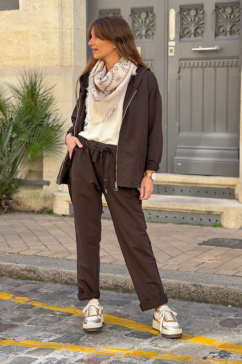 Jogging marron confort taille élastique liseré ruban satiné