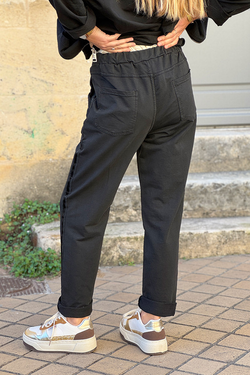 Jogging noir confort taille élastique liseré ruban satiné