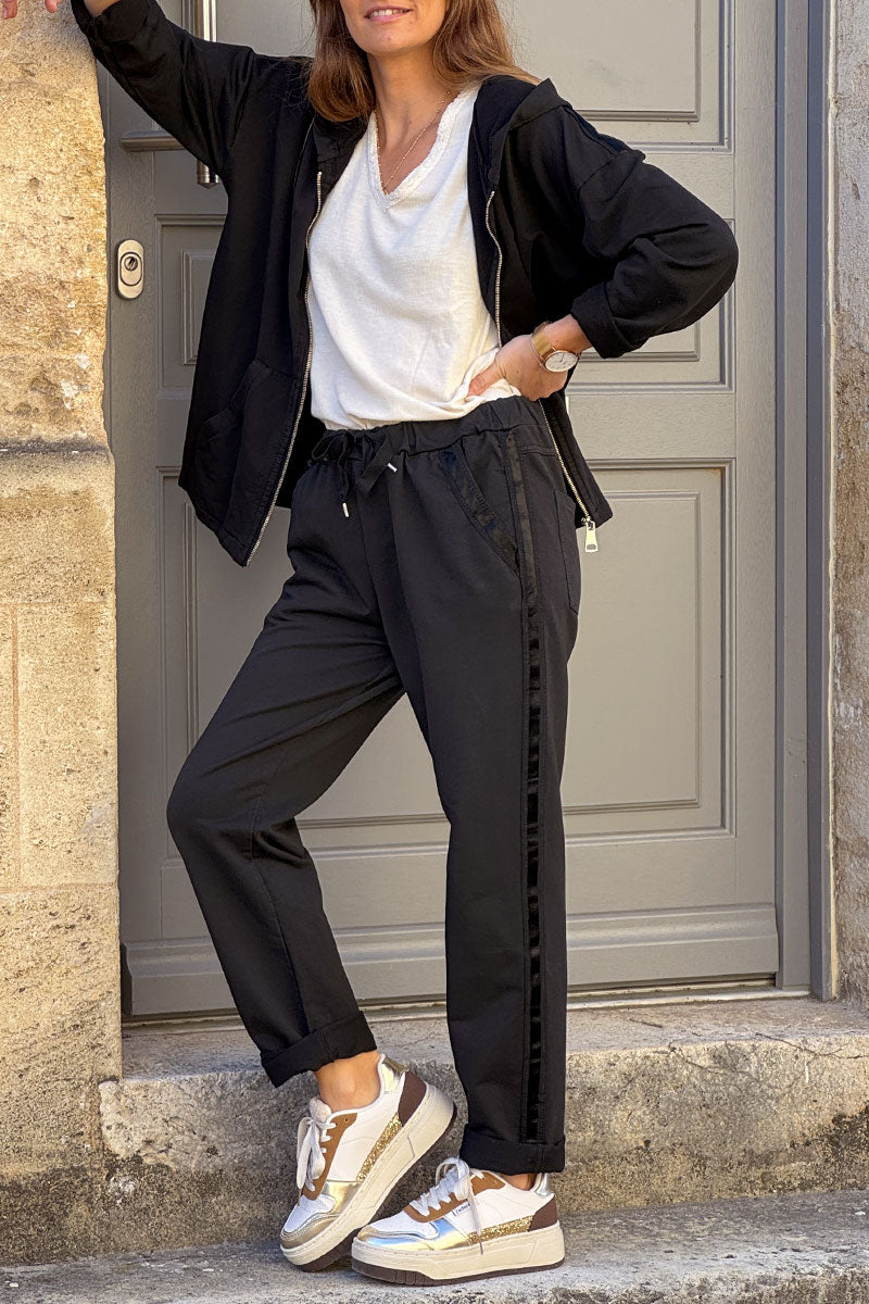 Jogging noir confort taille élastique liseré ruban satiné