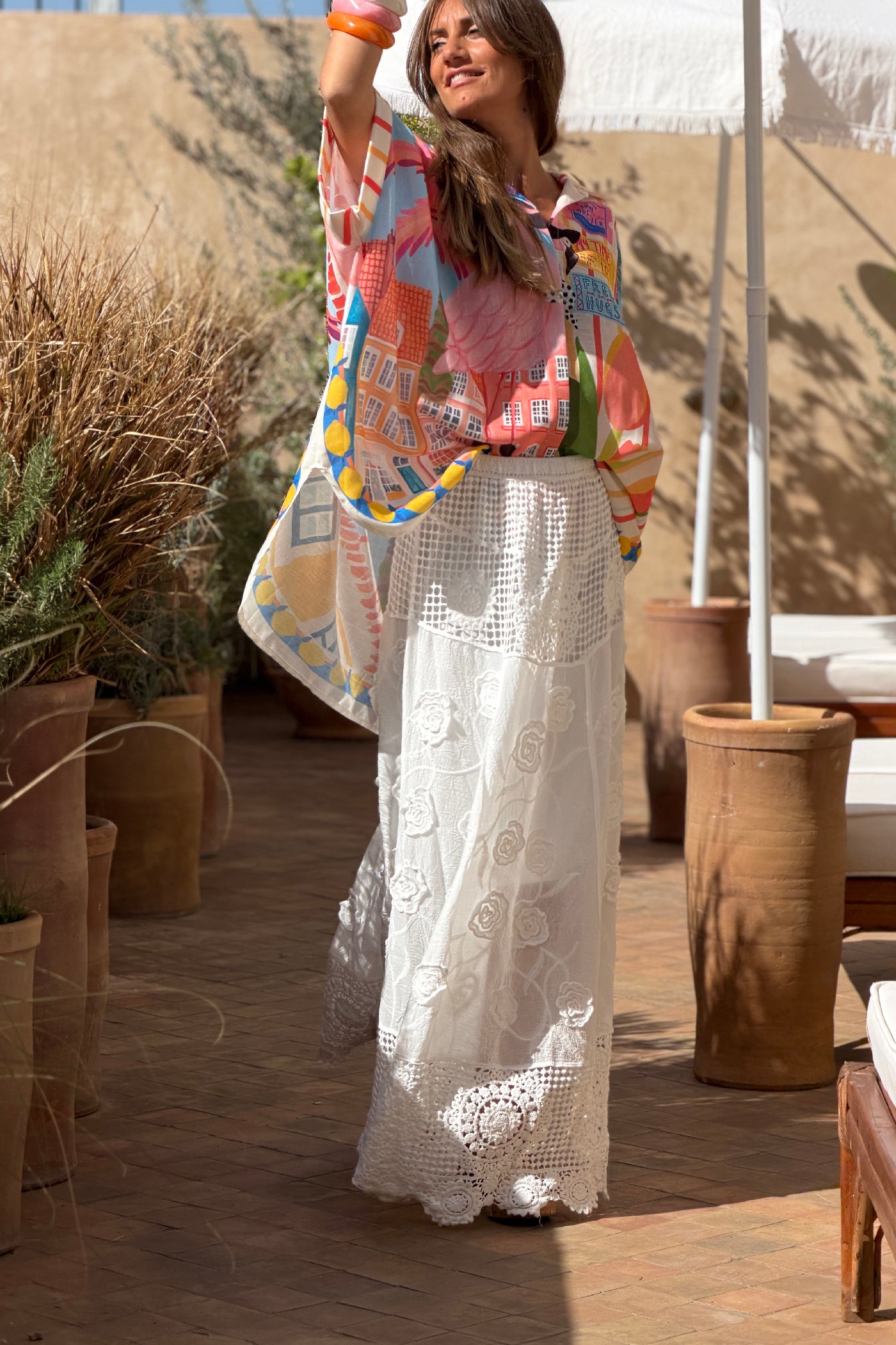 White Lace and Gauze Maxi Skirt