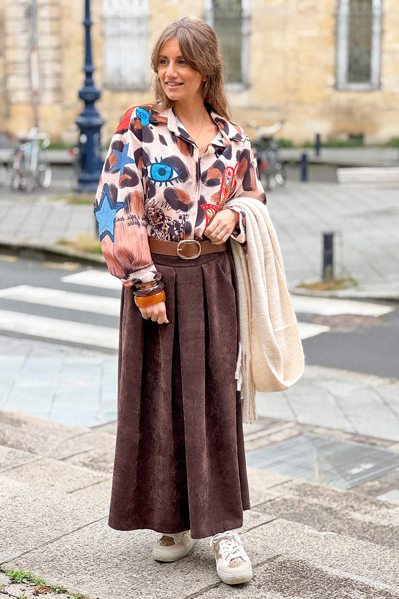Chocolate Brown Belted Corduroy Skirt
