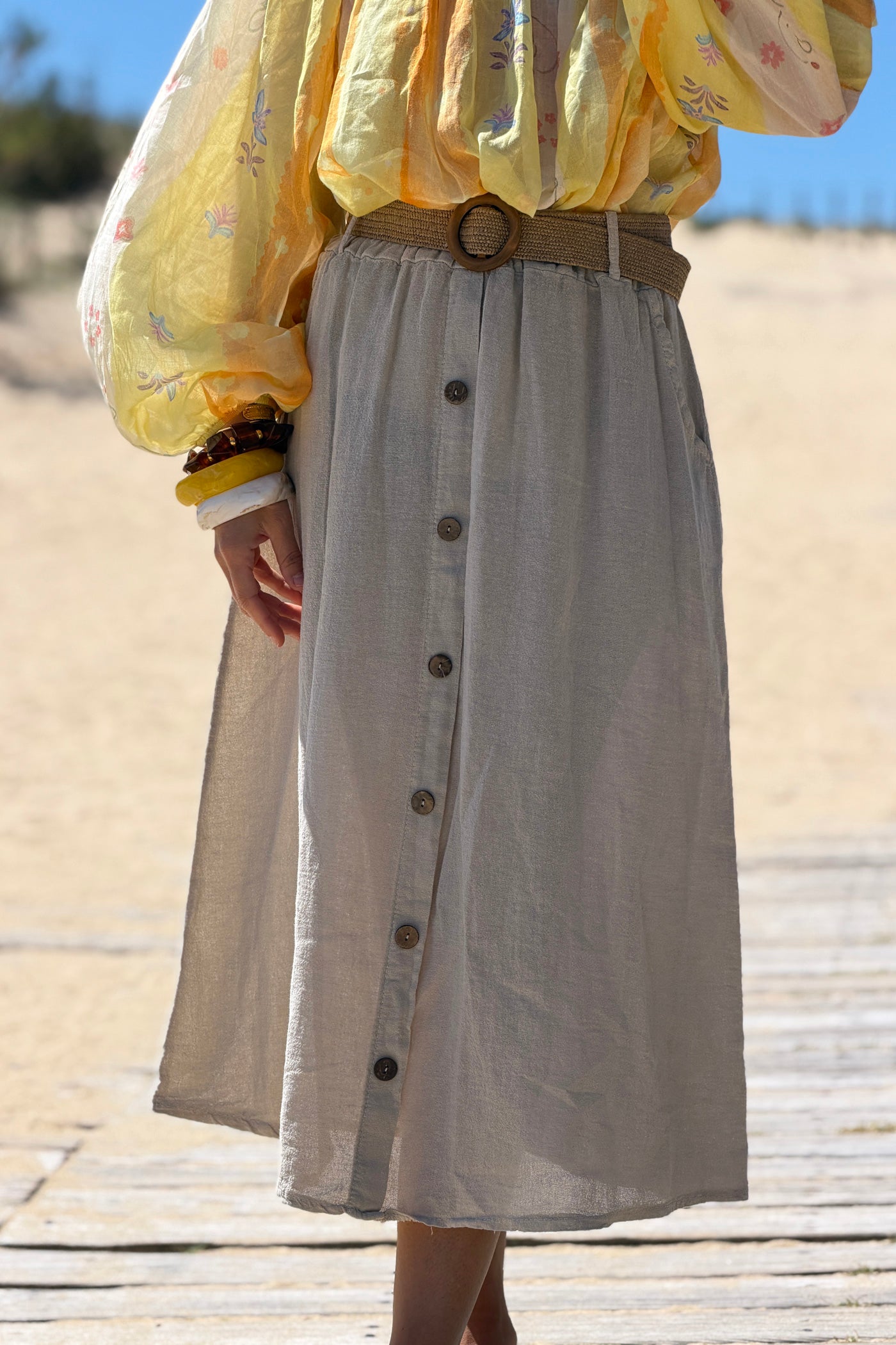 Beige Button-Front Woven Skirt