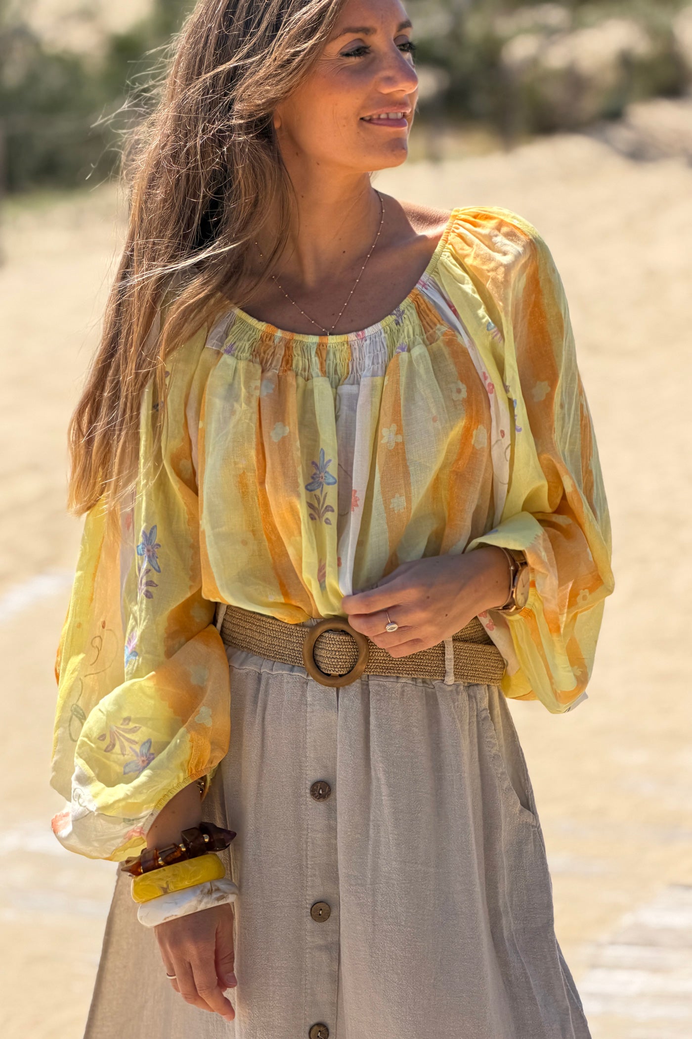 Beige Button-Front Woven Skirt