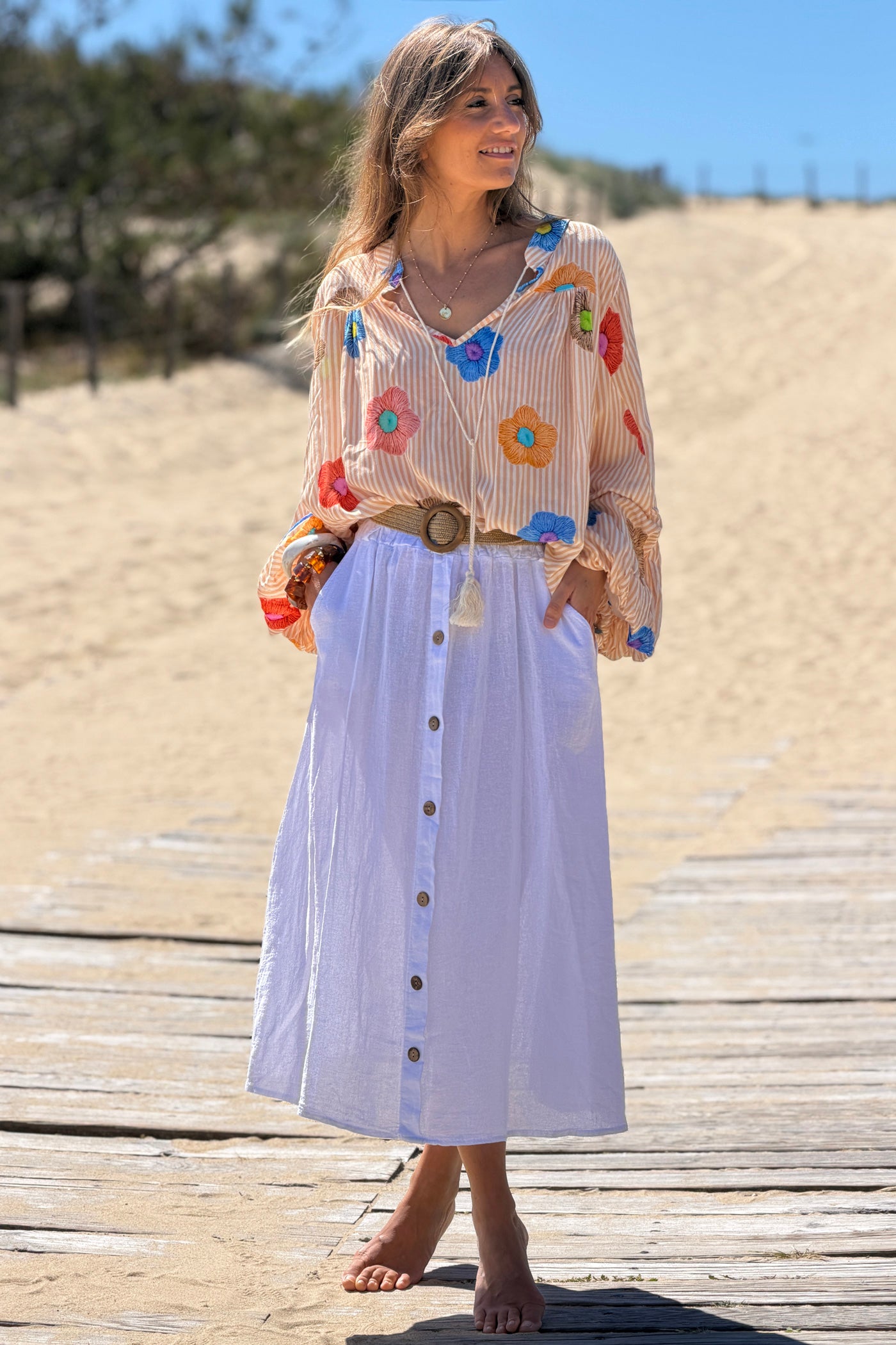 White Button-Front Woven Skirt