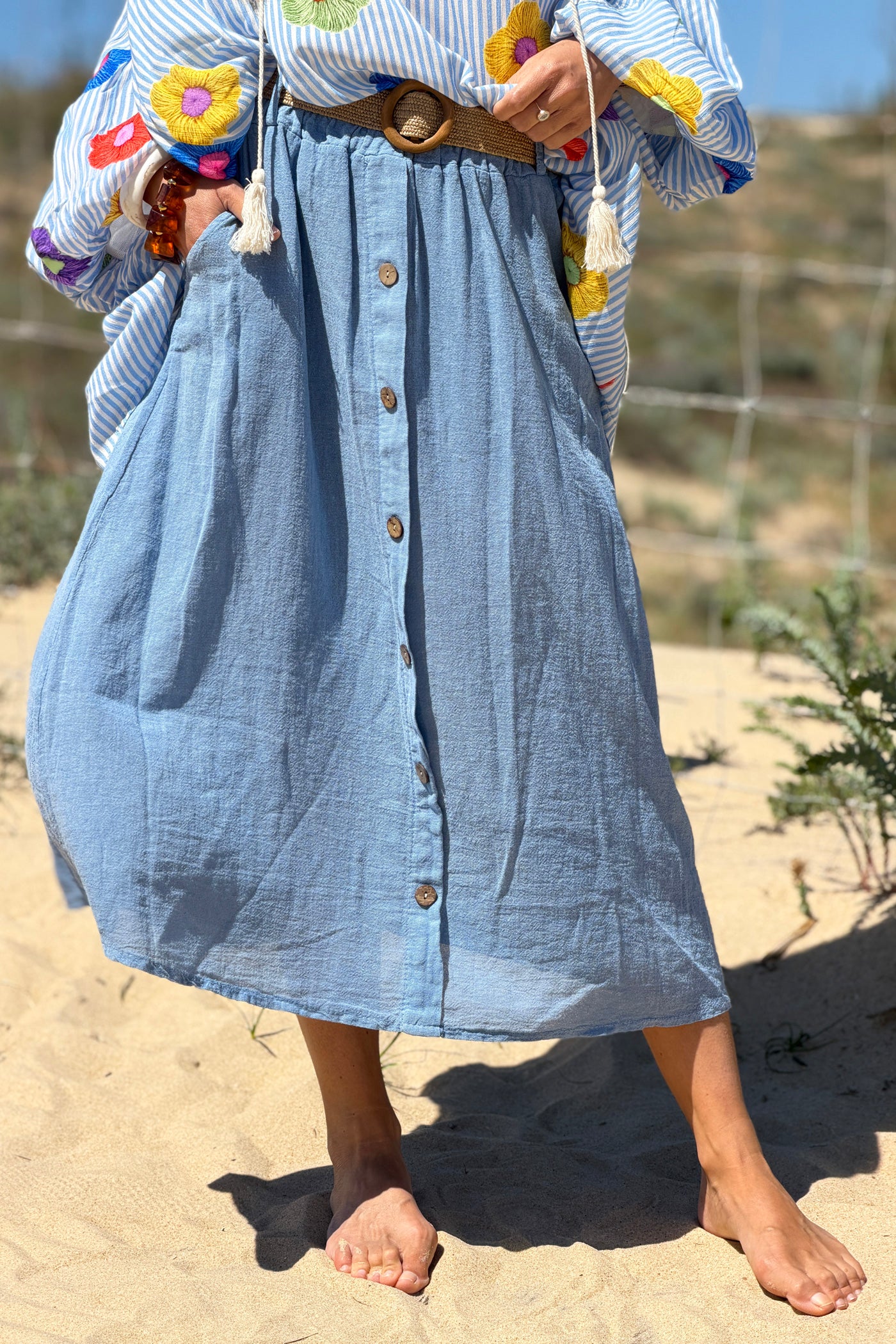 Chambray Button-Front Woven Skirt