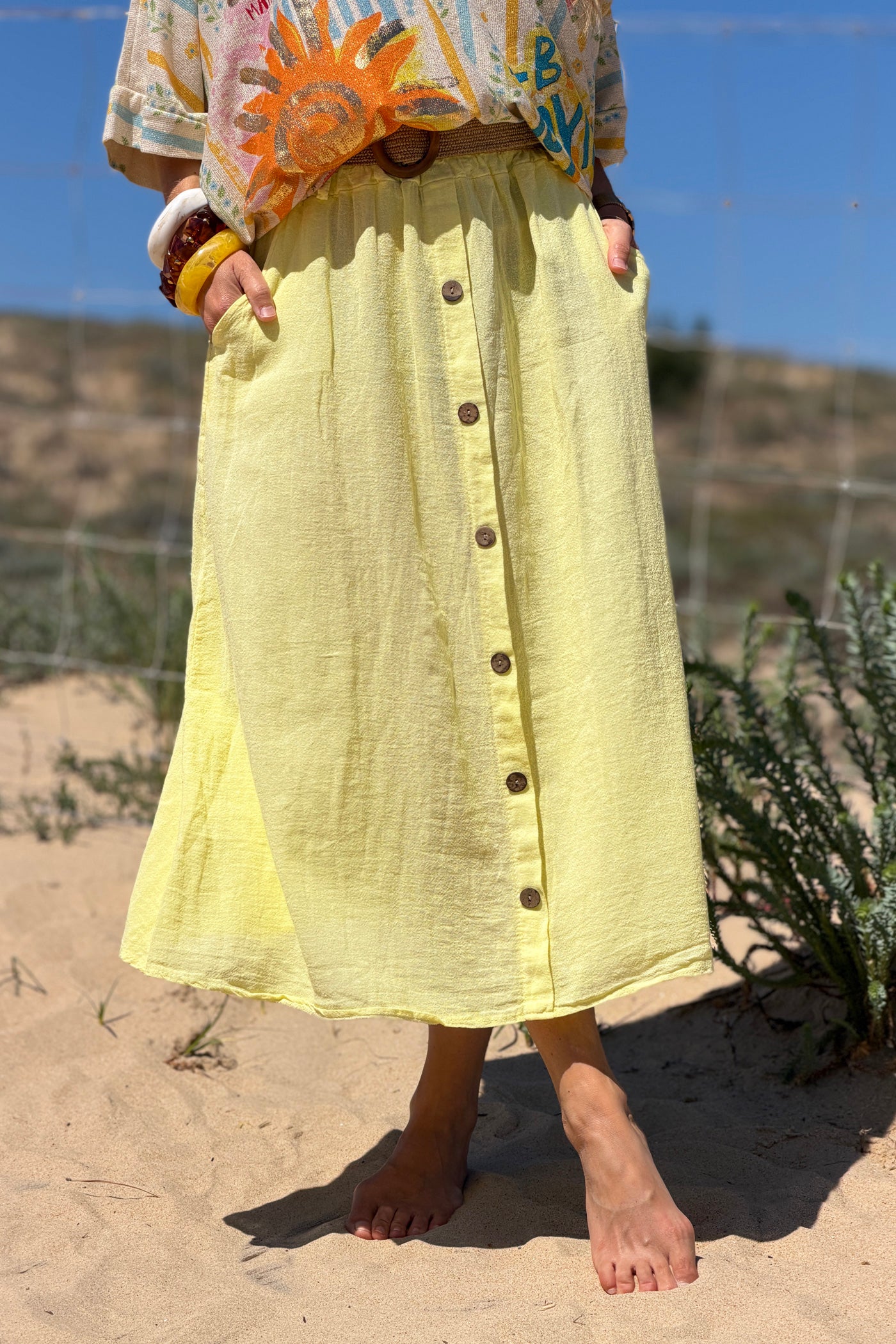 Yellow Button-Front Woven Skirt
