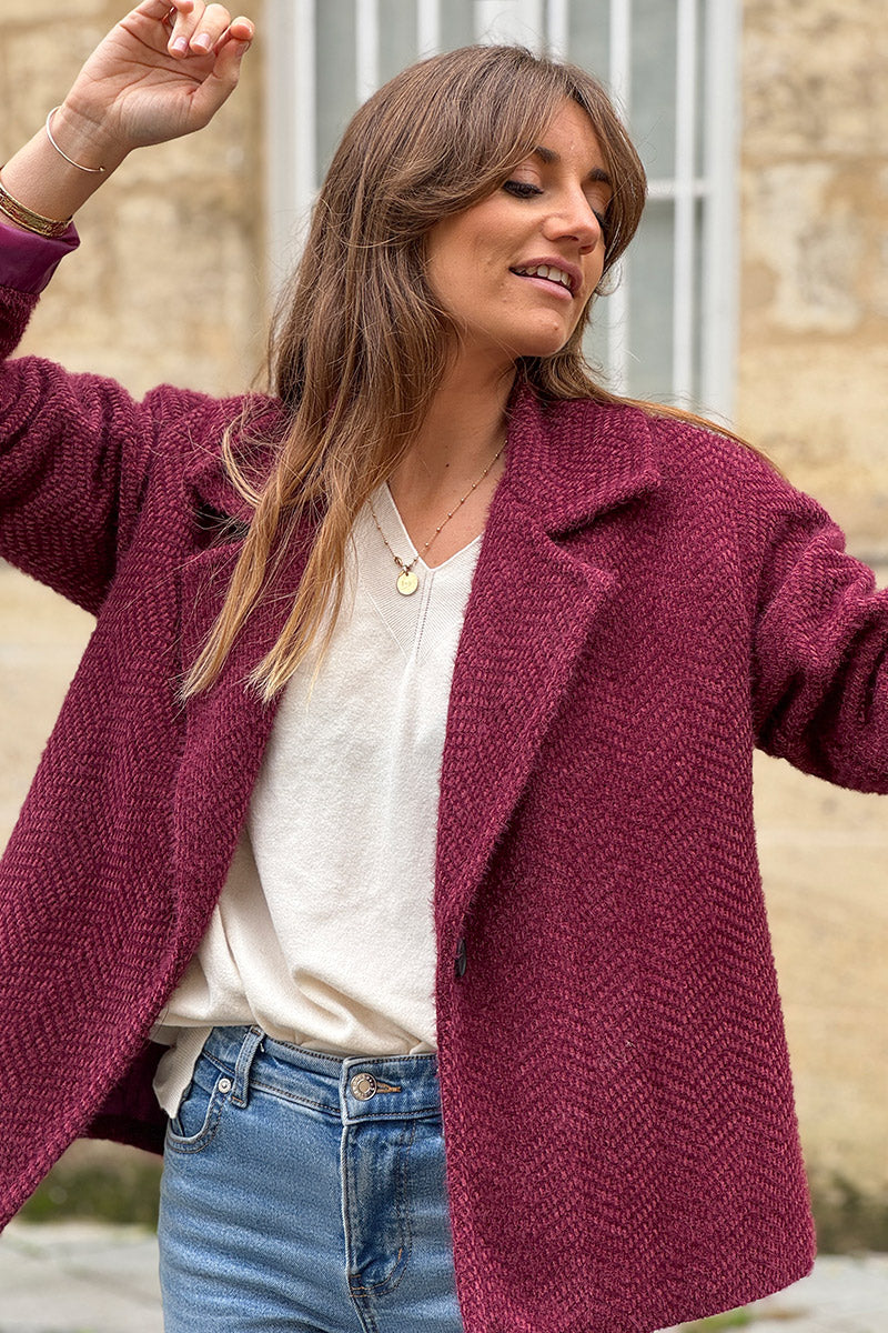 Burgundy Herringbone Peacoat