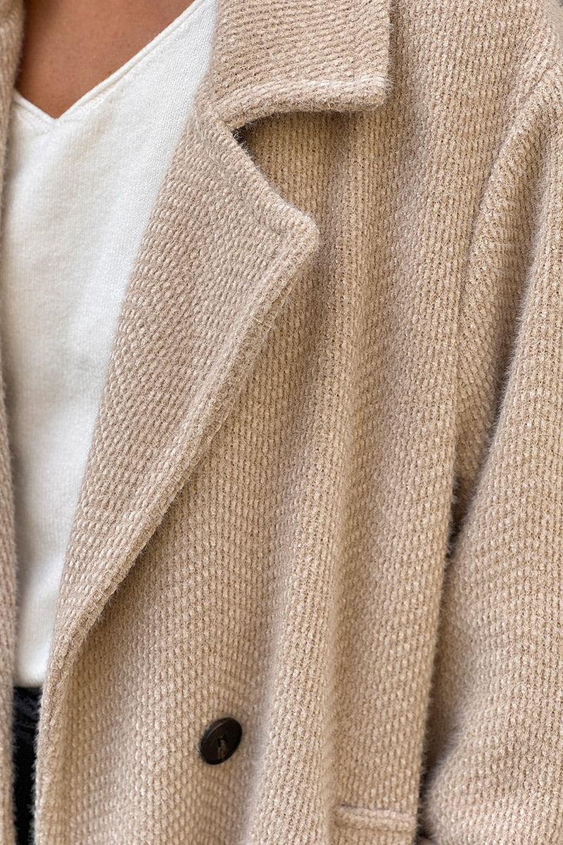 Beige Herringbone Knit Sweater Coat
