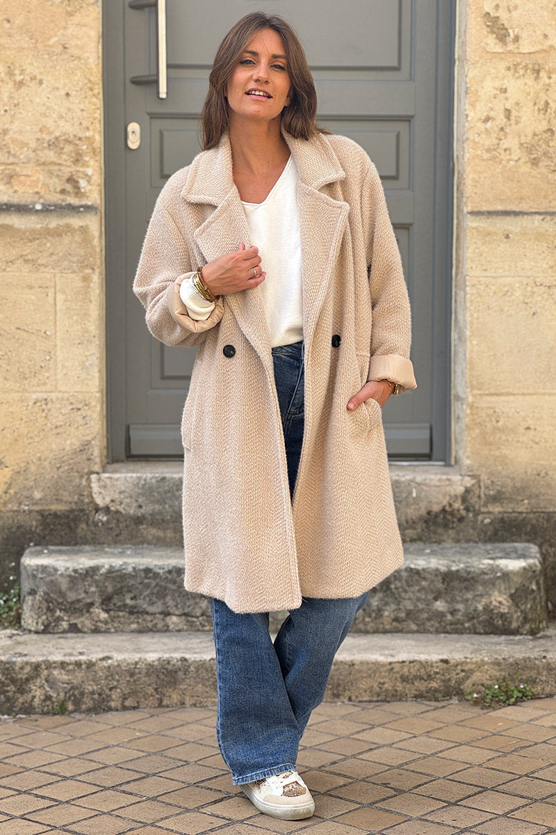 Beige Herringbone Knit Sweater Coat