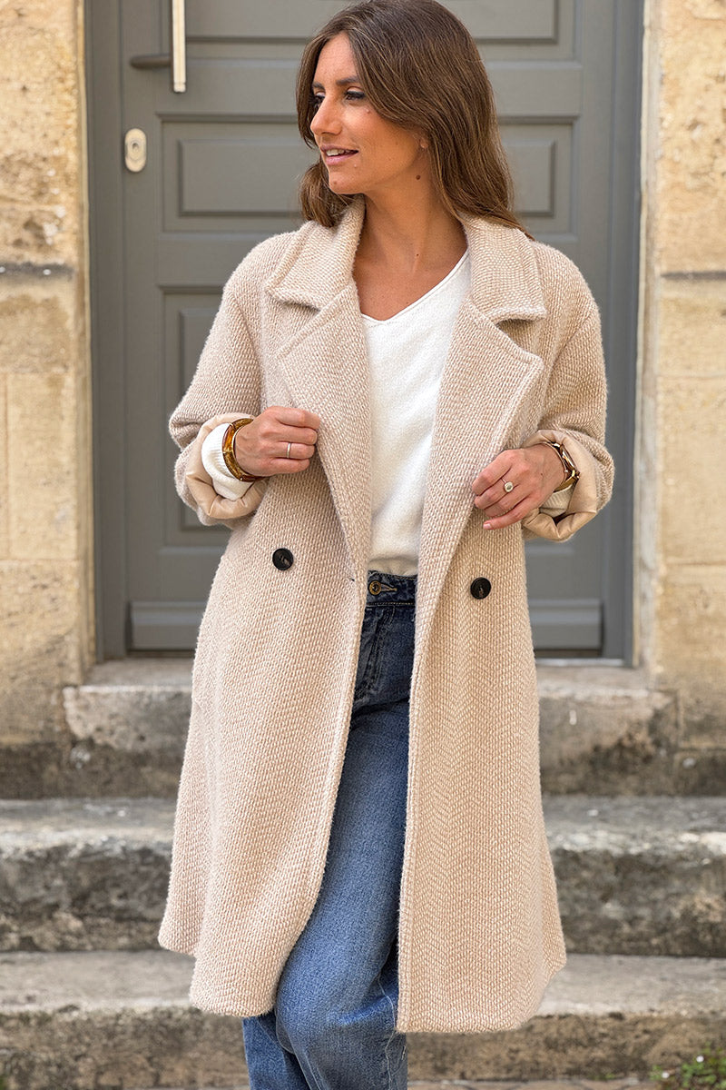 Beige Herringbone Knit Sweater Coat