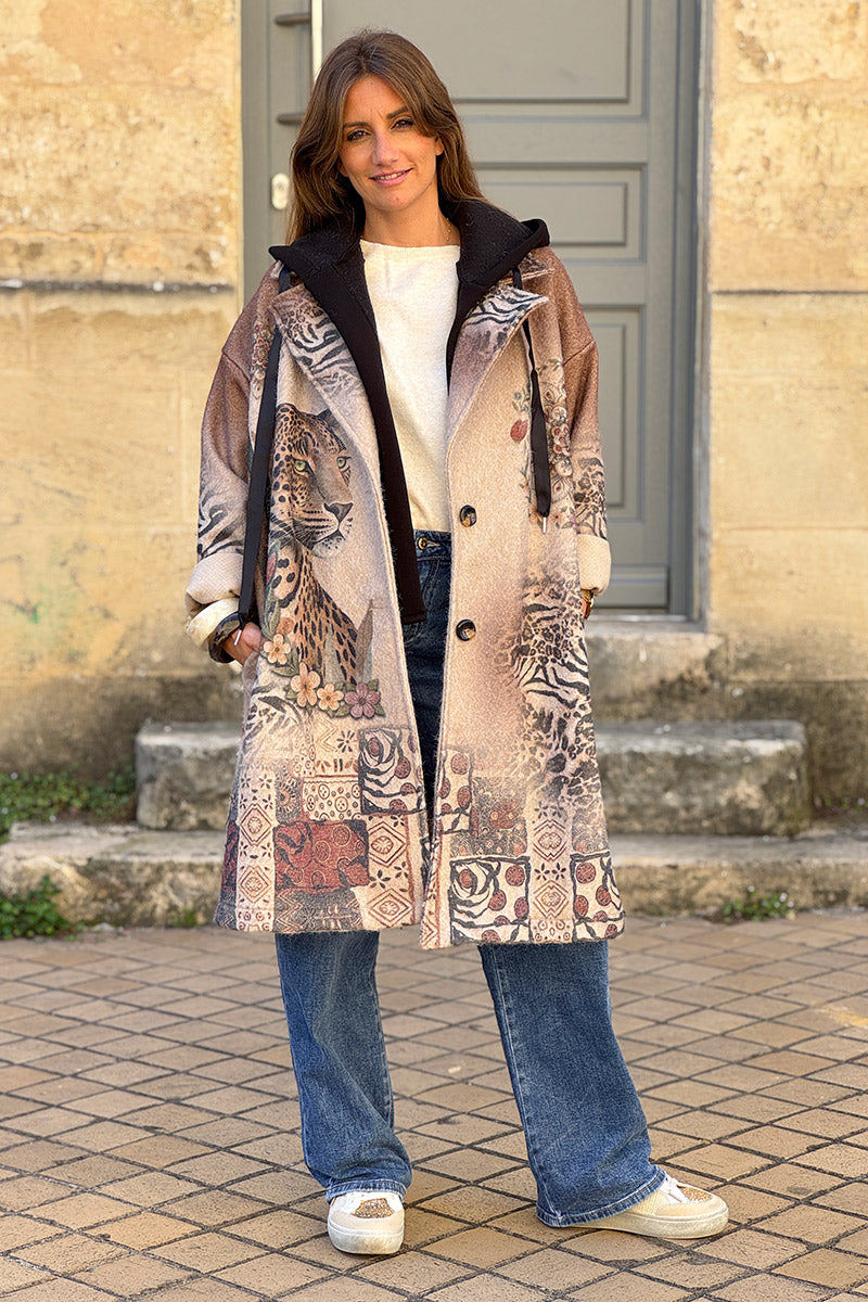 Manteau beige style laine bouillie imprimé léopard tigre zèbre soleil et fleurs avec capuche