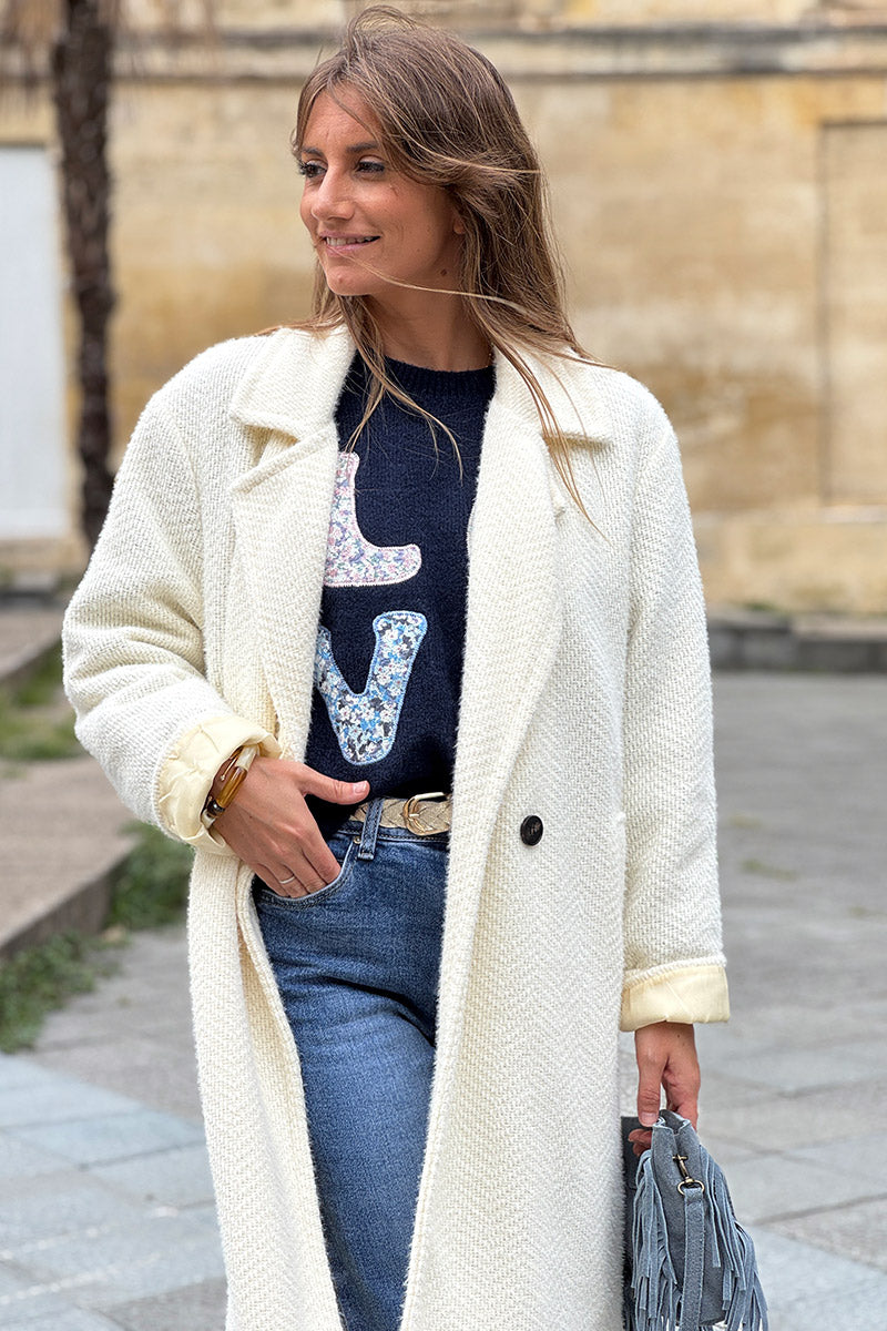 Cream Herringbone Sweater Knit Peacoat