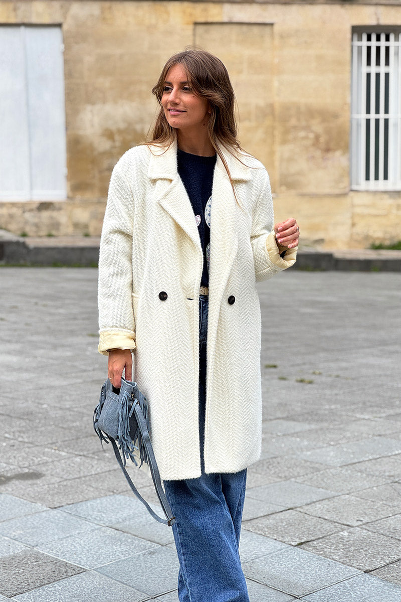 Cream Herringbone Sweater Knit Peacoat