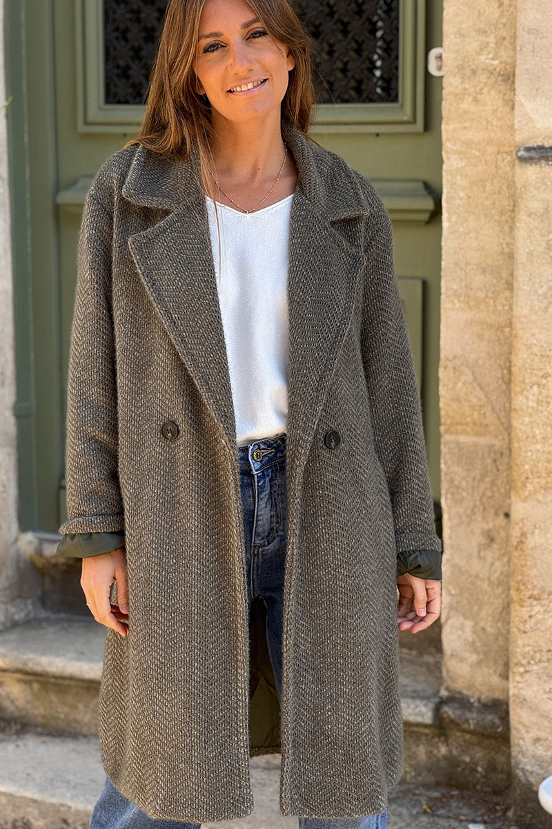 Olive Herringbone Knit Sweater Coat