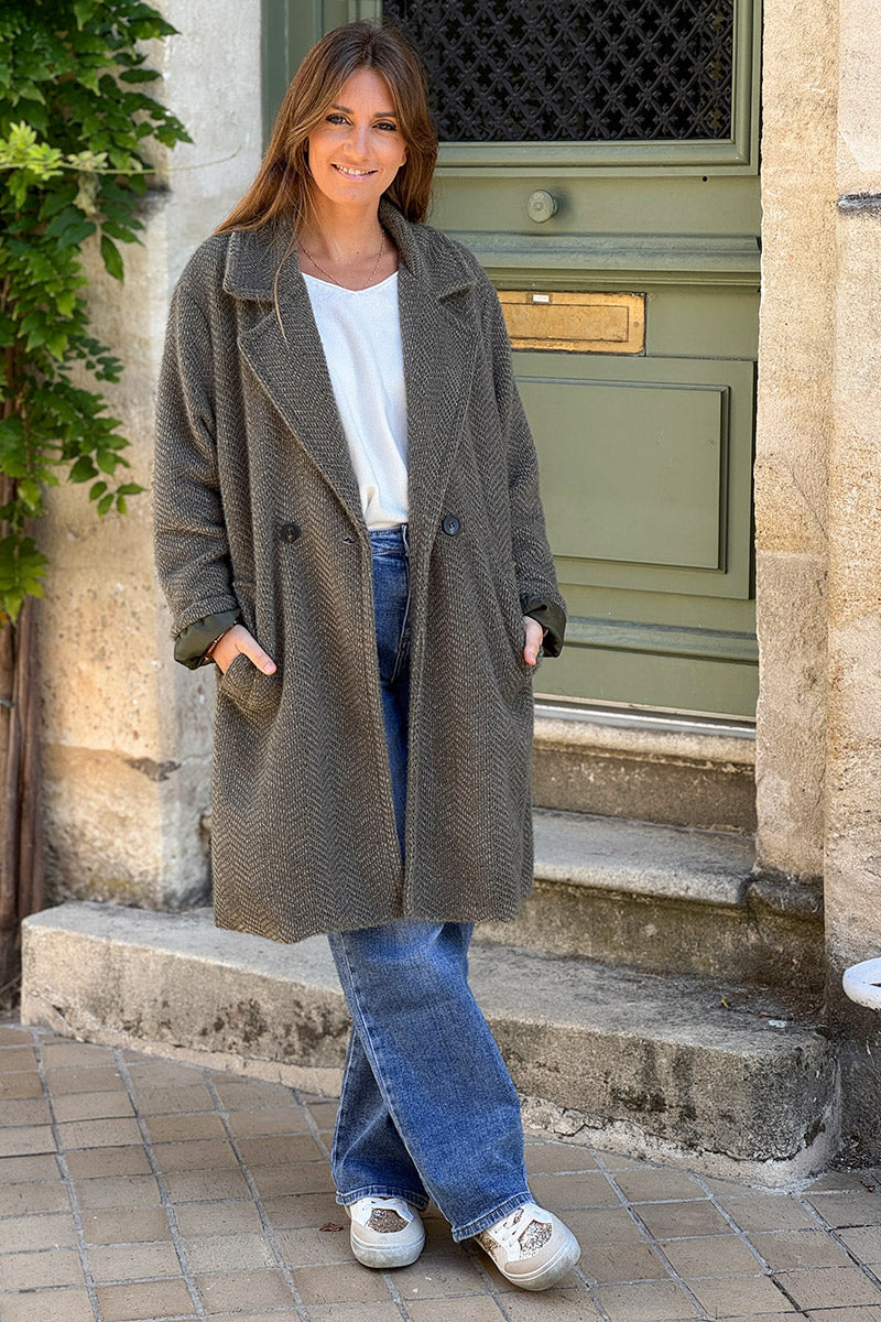 Olive Herringbone Knit Sweater Coat