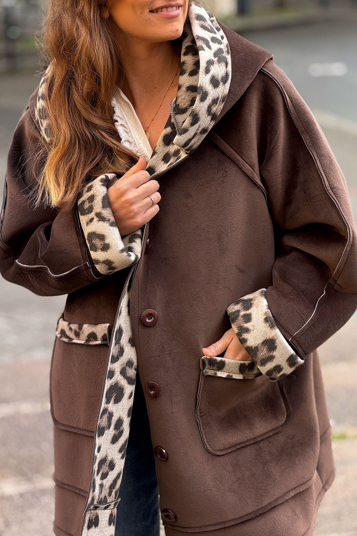 Brown Velvet Hooded Jacket with Leopard Trim