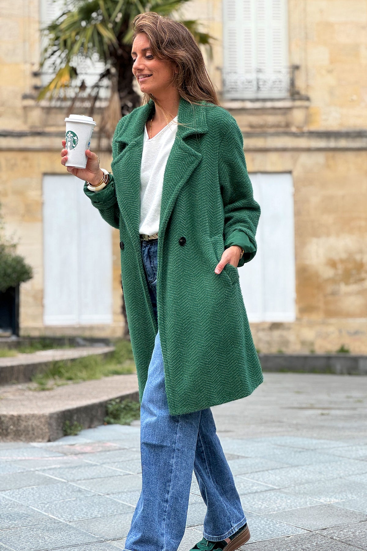 Hunter Green Herringbone Sweater Knit Peacoat