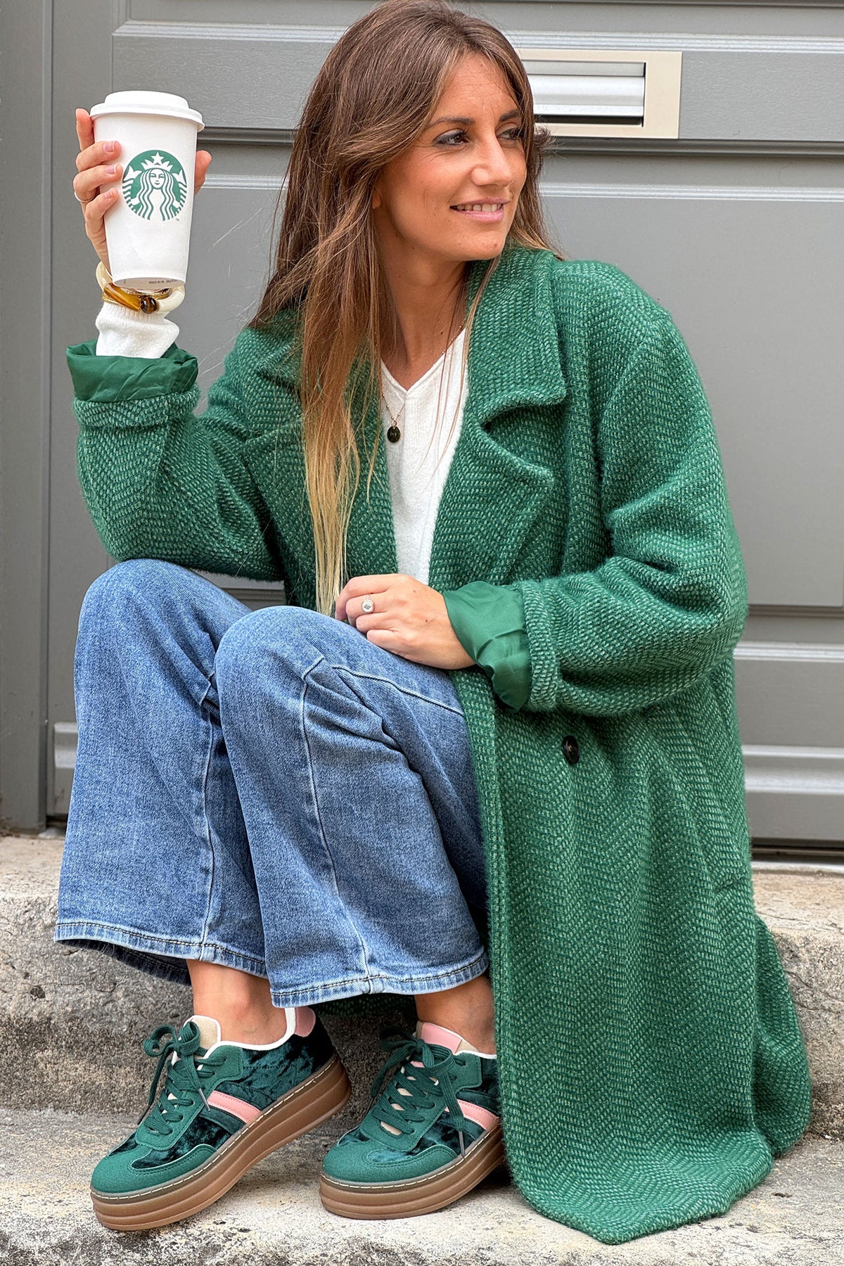 Hunter Green Herringbone Sweater Knit Peacoat