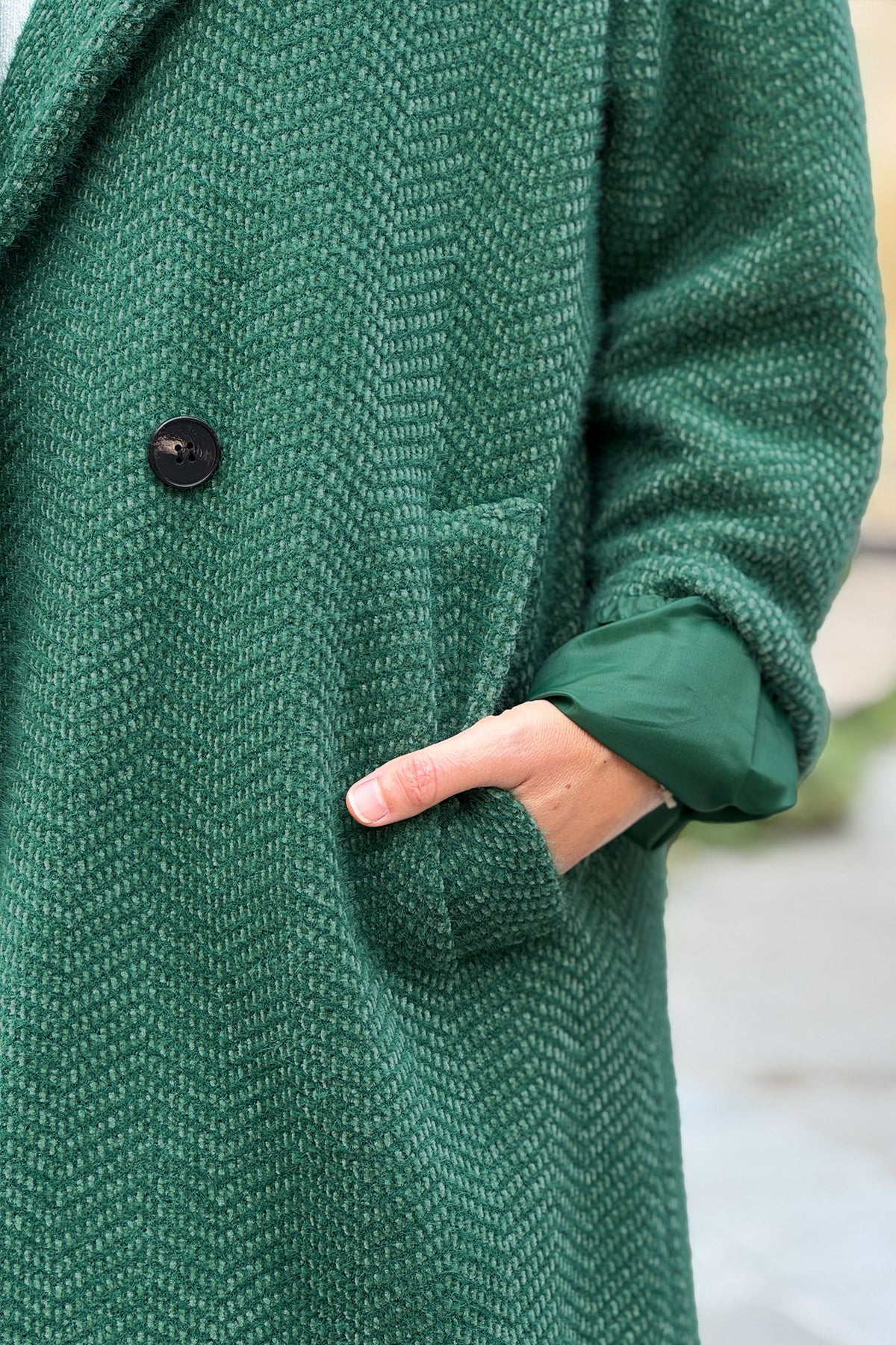 Hunter Green Herringbone Sweater Knit Peacoat