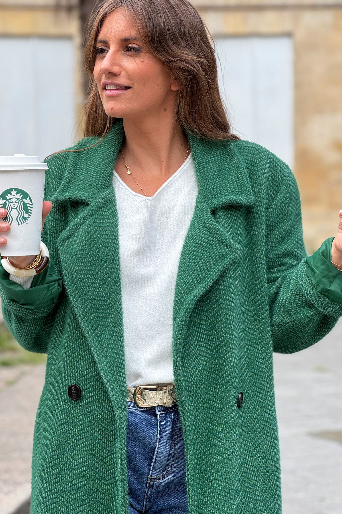 Hunter Green Herringbone Sweater Knit Peacoat