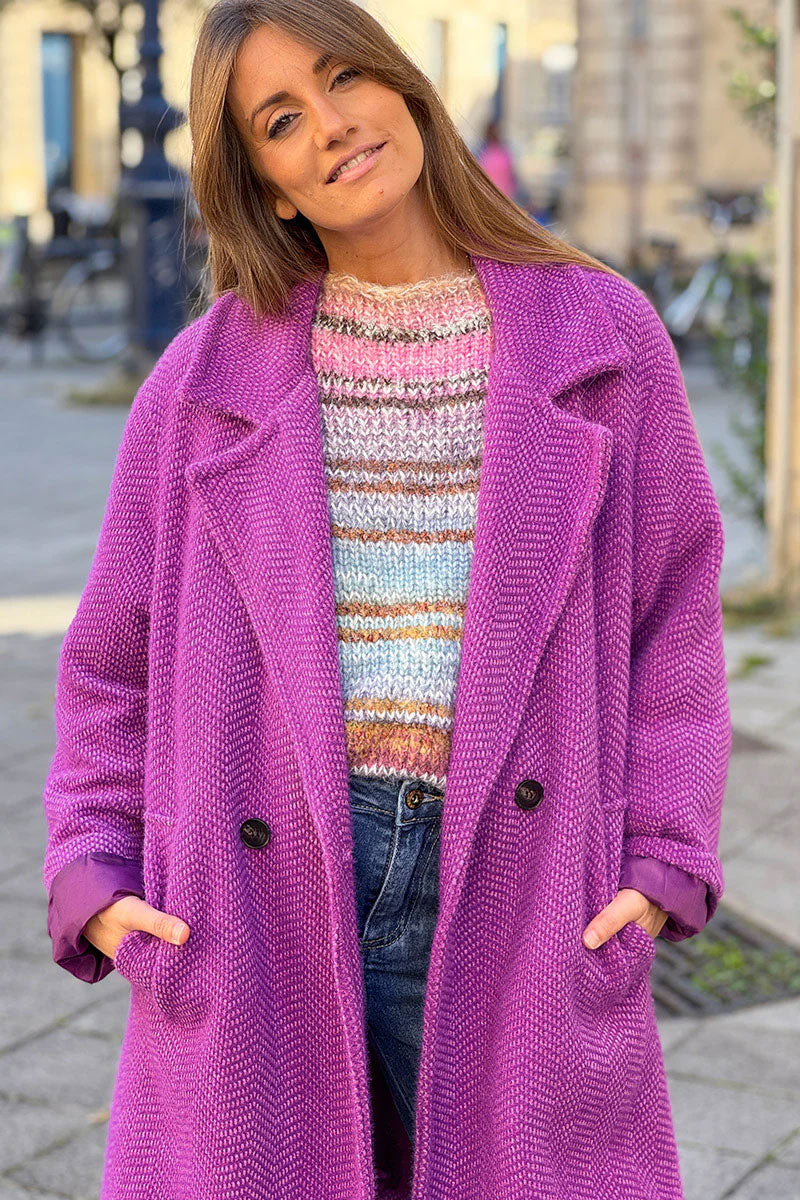 Purple Herringbone Knit Sweater Coat