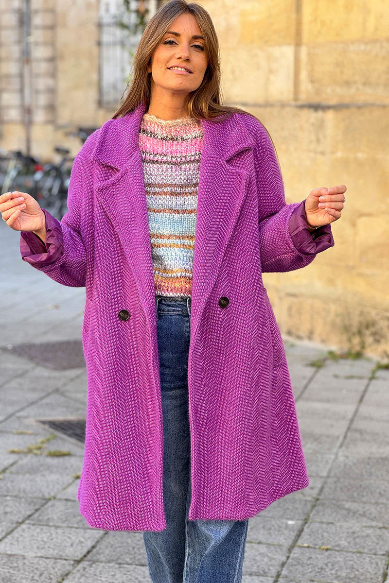 Purple Herringbone Knit Sweater Coat
