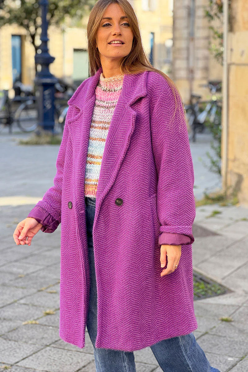 Purple Herringbone Knit Sweater Coat