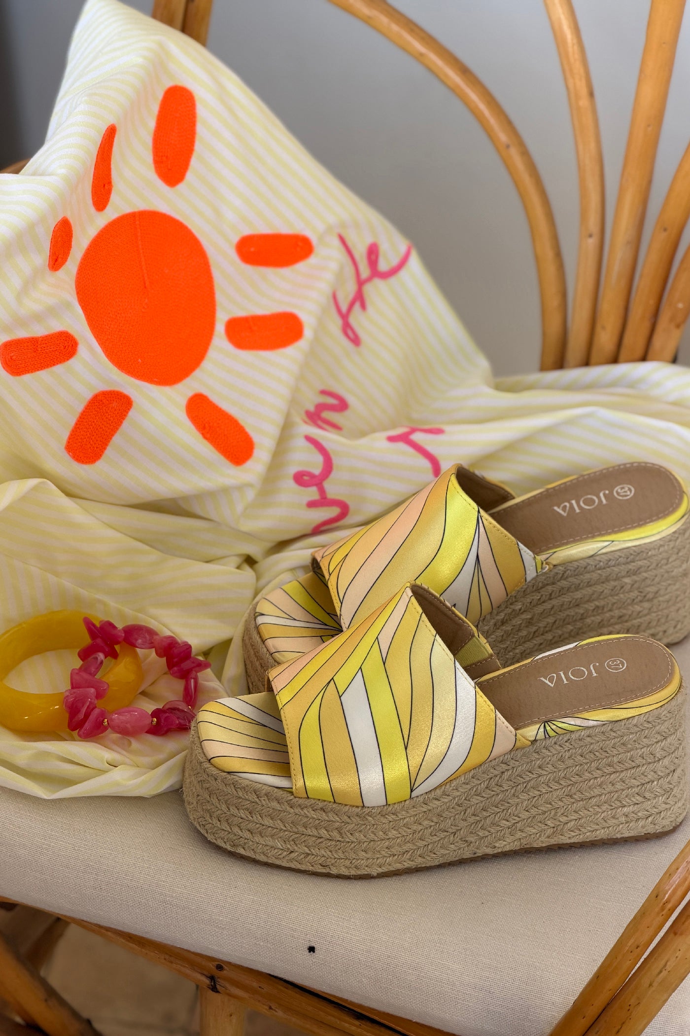 Yellow Sateen Groovy Espadrille Platform Mules
