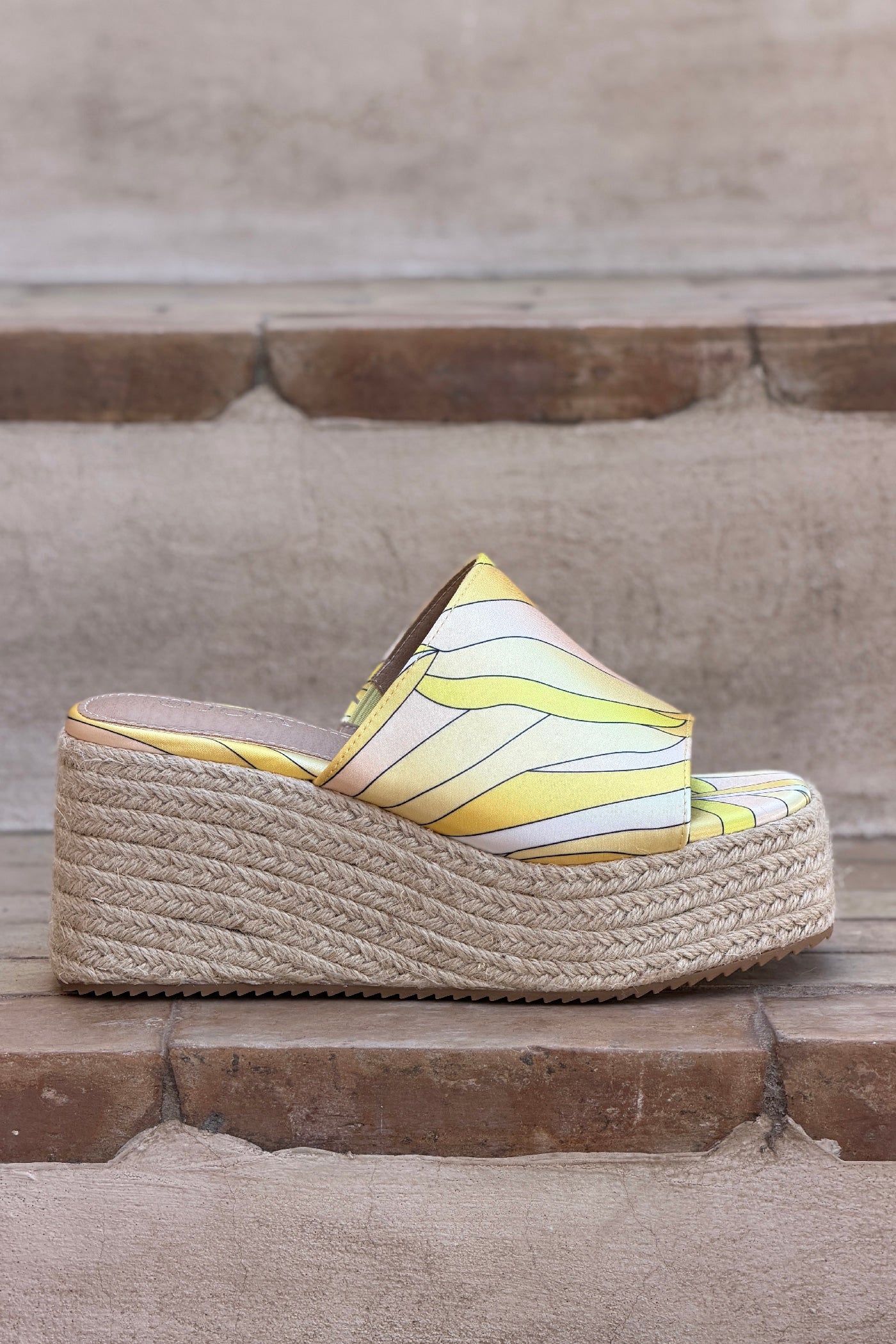 Yellow Sateen Groovy Espadrille Platform Mules
