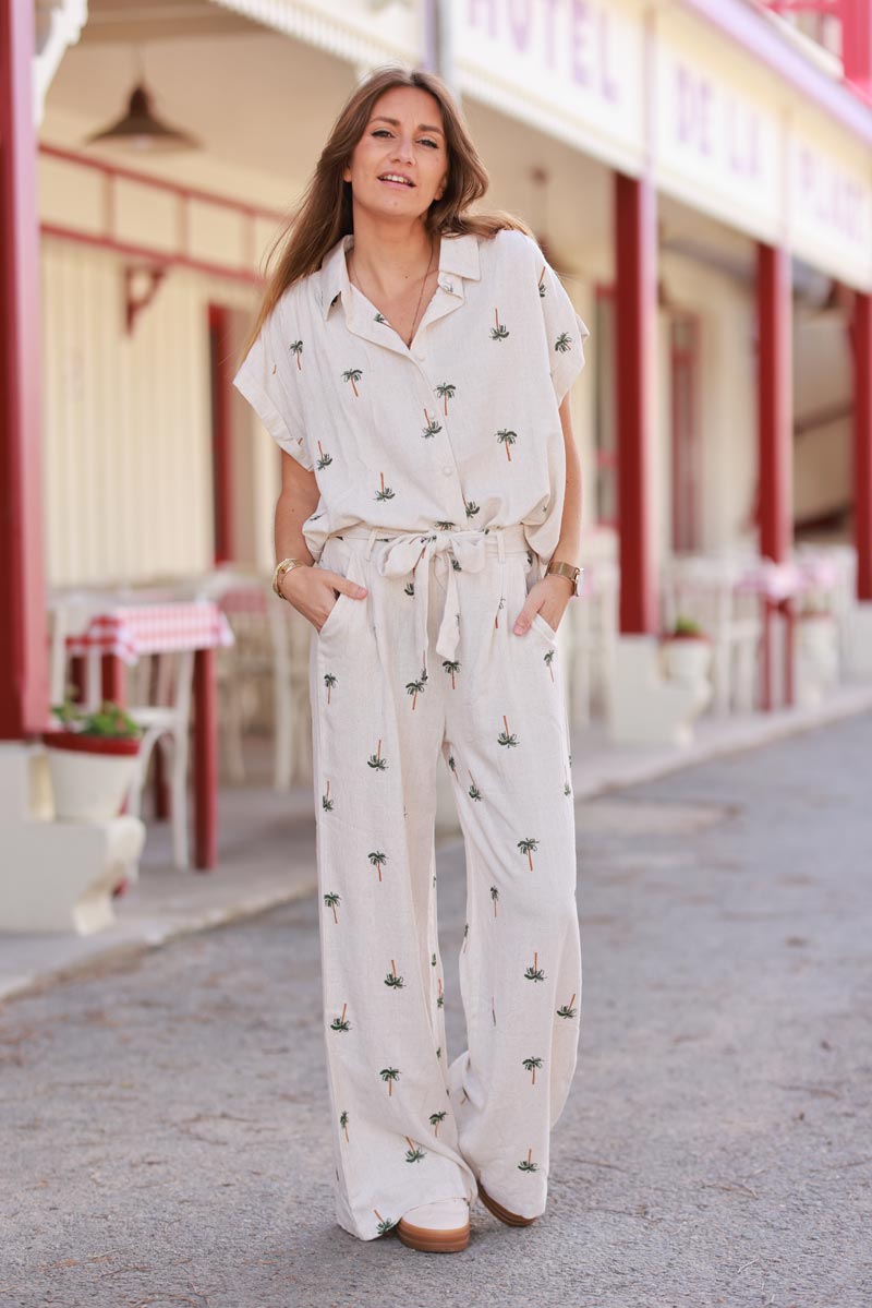 Pantalón ancho recto fluido beige en mezcla de lino con bordado de palmeras