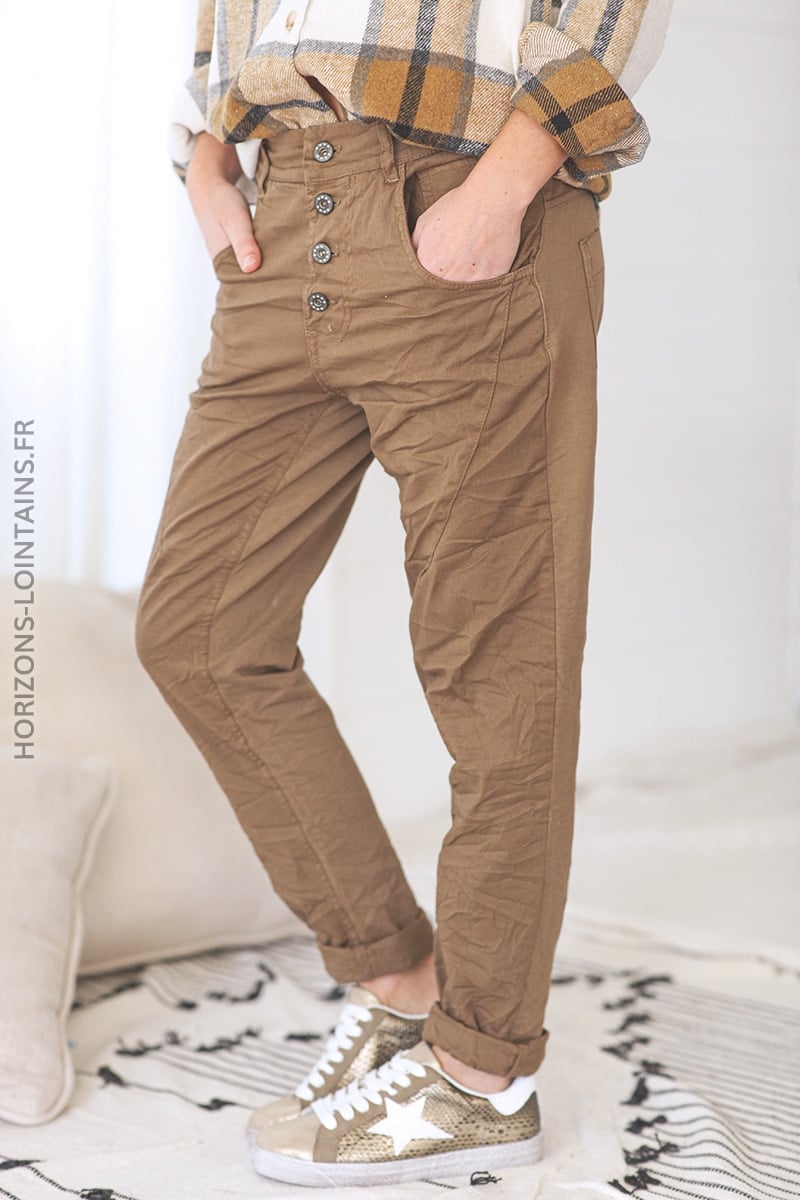 Pantalon bi matiere toile jersey confort souple stretch taille haute camel (1)
