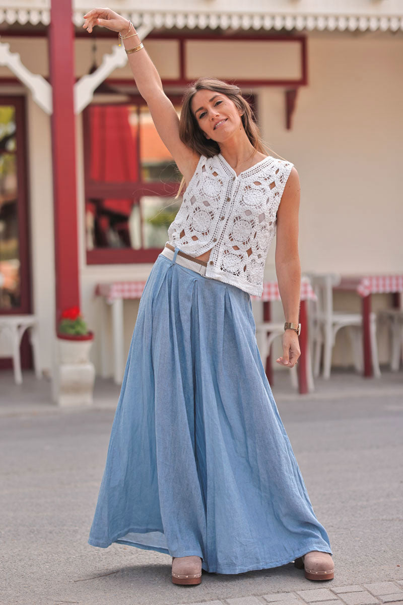 Pantalon bleu jean délavé en coton très large et évasé avec ceinture
