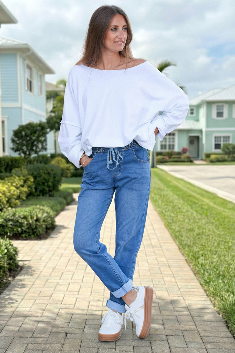 Jean délavé slim stretch ceinture élastique léopard brillant